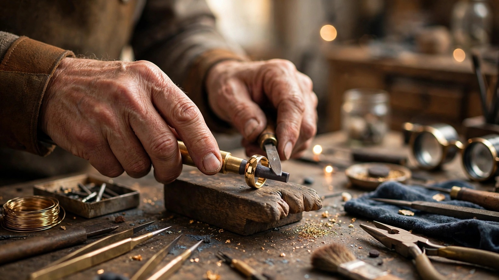 Manos del orfebre trabajando un anillo de oro
